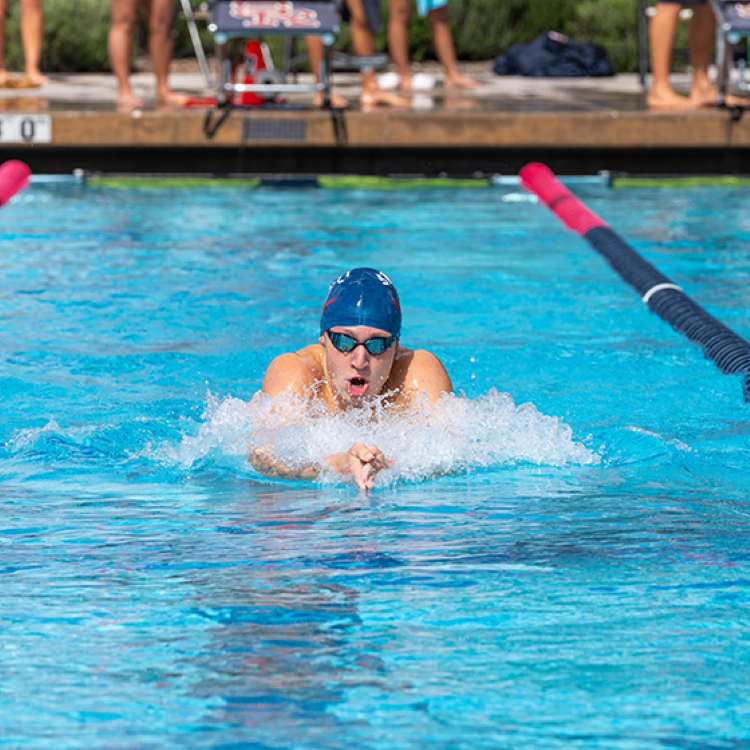 A male student wearing an SRJC blue swimming cap is swimming in the new pool at Santa Rosa Junior College. 